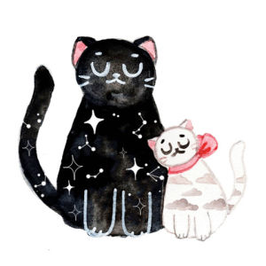 kawaii,black,neko,mothersday,cute,cats,day,night,white,stars,cloud,watercolour,jessthechen