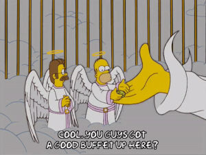 angels,homer simpson,episode 1,season 16,hungry,ned flanders,clouds,heaven,buffet,16x01