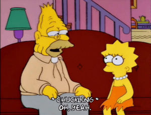 season 6,fun,lisa simpson,laughing,episode 23,couch,grampa simpson,joking,living room,6x23,chuckle