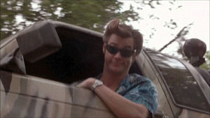 ace ventura,driving,road,hey buddy,ace ventura when nature calls,jim carrey,point,monster truck,90s,movies,film,comedy,ace,camo,road rage,off road,that away