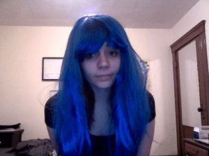 no makeup,cute,blue,personal,wink,wig,blue hair,blue wig