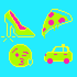 pixel art,taxi,date night,kiss,pizza,shoes,emoji,heels,pop art,night out,cutealism