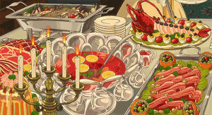 studio ghibli,banquet,omoide no marnie,lobster,when marnie was there,anime,food,party,bacon,ghibli,anime food,ilme,fruit punch