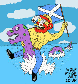loch ness monster,scotland,groundskeeper willie,loch ness,fucking,scottish,nessie,lochness,lowbrow,wolf mask,funny,illustration,cartoon,wtf,simpsons,stupid,willie,wolfmask,wolfmaskart,wolf mask art,after the club