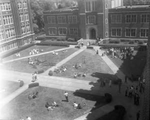 black and white,vintage,running,crowd,students,library,new orleans,campus,quad,loyola,aerial view,archive,photograph