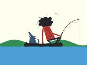 lake,canoe,animation,fishing,dog,illustration,help,relax,camp,annoying,mosquitos,bugged