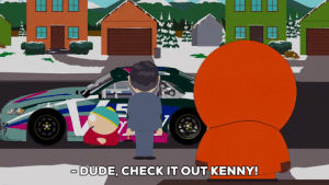 eric cartman,excited,kenny mccormick,nascar,exclaiming