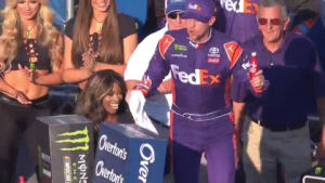 excited,win,nascar,winning,pumped,denny hamlin,monster energy nascar cup series,brit robertson,fist in air