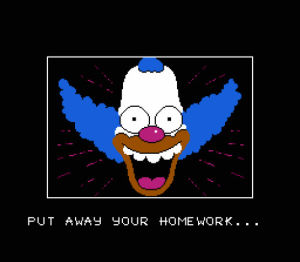 krusty the clown,gaming,retro,video game,clown,homework,simpsons