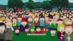 eric cartman,stan marsh,kyle broflovski,kenny mccormick,crowd,annoyed,applause,randy marsh,gerald broflovski,terrified