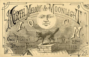 mardi gras,vintage,illustration,drawing,moon,black cat,new orleans,chimney,loyola,archive
