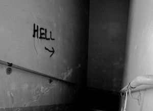 scary,movies,black and white,trippy,hell,graffiti,paint,spray paint,stairwell,cellophane