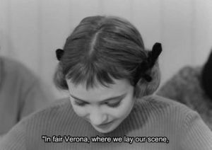 anna karina,shakespeare,bande a part,jean luc godard,love,film,vintage,girls,cinema,60s,french,lovers,romeo and juliet,subtitles,1964,sixties,godard,french cinema,nouvelle vague,band of outsiders,in fair verona