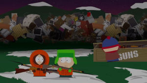 eric cartman,stan marsh,kyle broflovski,confused,kenny mccormick,guns,preparing