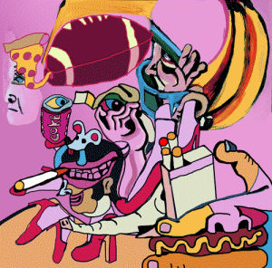 daxnorman,artists on tumblr,pizza,pink,2015,painting,mouse,banana,heels,cowboy,hot dog,footbal