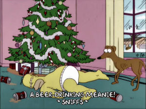 homer simpson,dog,christmas,episode 20,drunk,season 12,santas little helper,hungover,sniff,12x20,54 spoilers