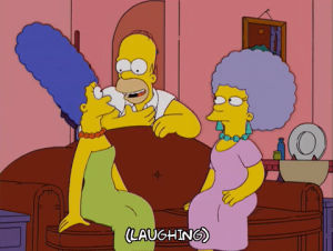 homer simpson,happy,marge simpson,episode 10,excited,laugh,season 16,couch,patty bouvier,pleased,16x10