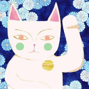 flowers,lucky cat,good luck,maneki neko,cat,hand drawn,good fortune