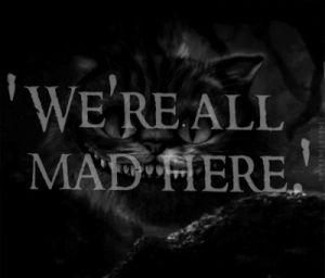 crazy,alice in wonderland,cheshire cat,scary,horror,darkness,creepy,disney,movie,smile,bw,text,dark,lovely,mad,black white,madness,freaky,cheshire