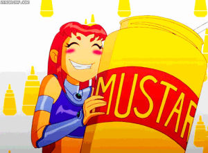 mustard,starfire,teen titans,anime,animation,happy,excited,hungry,hugging,glad