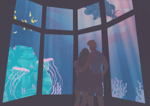 illustration,romantic,aquarium,animation,couple,sea life,first date