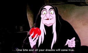 apple,witch,snow white and the seven dwarfs,one bite and all your dreams will come true,queen