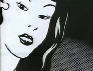 pop art,girl,black and white,cartoon,commercial,1990s,comic,shoot da