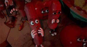 terrified,sausage party,wtf,hot dogs
