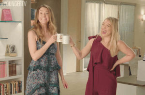 best friends,hilary duff,sutton foster,friends,tv land,friendship,cheers,tvland,younger,youngertv,toast,tvl,girlfriends,younger tv,mugs,toasting,a toast