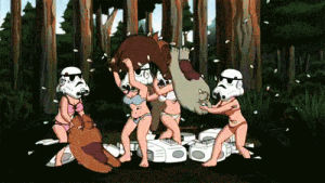 star wars,pillow fight,pillow fight with ewoks,family guy,anime,lovey,stormtrooper,storm trooper,cartoons comics