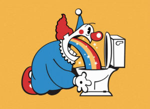 clown,bozo,rainbow vomit,vomit,rainbow,toilet,barf