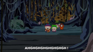 eric cartman,stan marsh,kyle broflovski,kids,scared,running,kenny mccormick,screaming