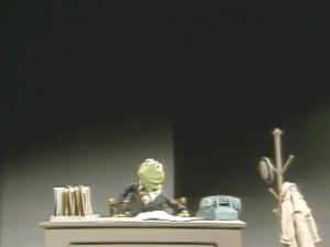 kermit the frog,desk,television,vintage,work,job,sesame street,kermit,vintage television