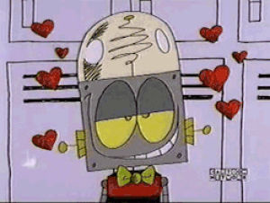 robot jones,flirting,hearts,heart,what ever happened to robot jones,love,smile,smiling,in love,loves,dazed,crushing,zoned out