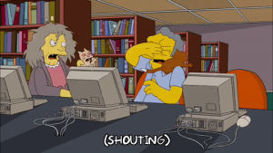 crazy cat lady,angry,season 20,scared,episode 16,moe szyslak,library,computers,shouting,20x16,throwing objects
