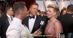 scarlett johansson,academy awards,question,red carpet,oscar awards 2017,ridiculous question,what a ridiculous question