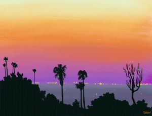 palm trees,los angeles,skyline,city lights,dreamy,twinkling,palm,california,palm tree,flying,twilight,sunset,motion graphics,planes,socal,bronwyn lundberg,yomeryl,artist