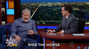 sensual,funny,love,fun,yes,horse,dating,date,colbert,the late show with stephen colbert,jeff daniels,face off,ride the horse,kakrot,gloria jeans