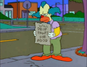 hobo,bum,mother mary,crisis,krusty,television,food,drop,pants,simpsons