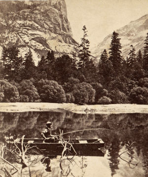 stereogram,fishing,1800s,black and white,vintage,3d,nature,california,reflection,outdoors,peaceful,boating,relaxation,yosemite,vintage3d,yosemite national park,spurt,etude,bw