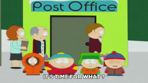 post office,eric cartman,stan marsh,kyle broflovski,confused,kenny mccormick,curious,pedestrians
