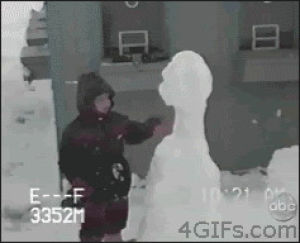 fail,kid,punch,miss,falls,snowman