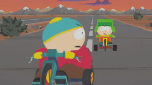 eric cartman,kyle broflovski,scared,surprise,road,riding,fright,tricycles