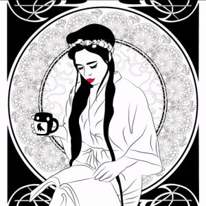 art,coffee,loop,xavieralopez,morning,black and white,art nouveau,woman,drawing,morning scene,scene,hand drawn,portrait,ornaments