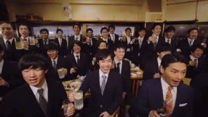 japan,world order,businessmen,music,excited,squad,have a nice day,shibuya,head bob,dance group