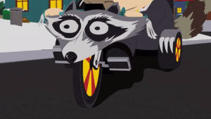 eric cartman,racoon,motorcycle,intense,determined