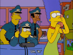 marge simpson,episode 3,season 14,chief wiggum,14x03,marge on phone,police listen on phone,chief wigam listens,mckinnon,dem dance lessons