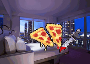 blood,knife,pizza,pixel art,cut