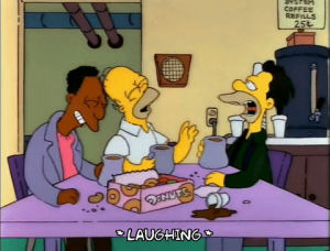 laughing,homer simpson,funny,season 3,episode 5,laugh,men,lenny leonard,carl carlson,table,3x05,chairs,doughnuts,pipes,men laughing