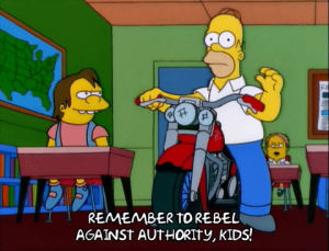 motorcycle,homer simpson,remember to rebel against authority kids,nelson muntz,rebel,angry,season 11,episode 8,shouting,11x08,throwing arm up,antiauthority,simpsons